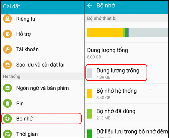 Bộ nhớ -> Xem dung lượng trống.