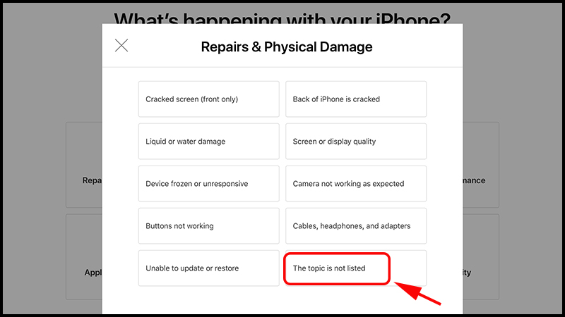 Chọn The topic is not listed nếu bạn không tìm thấy mục Cannot lock or unlock phone trong danh sách