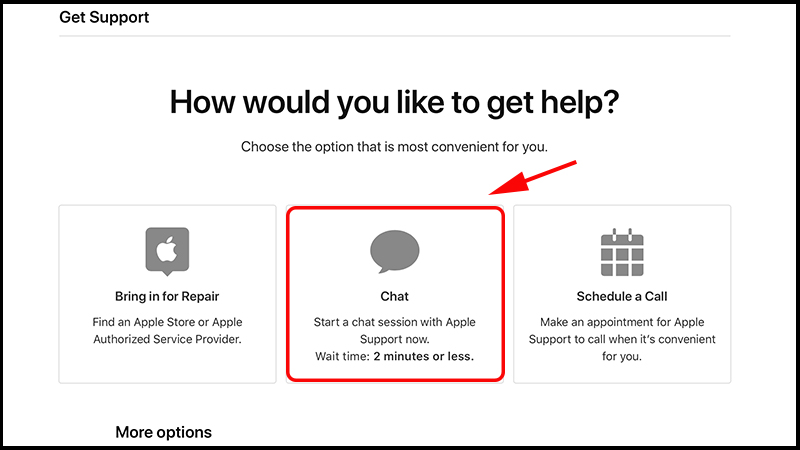 Chọn Chat để chat với nhân viên Apple