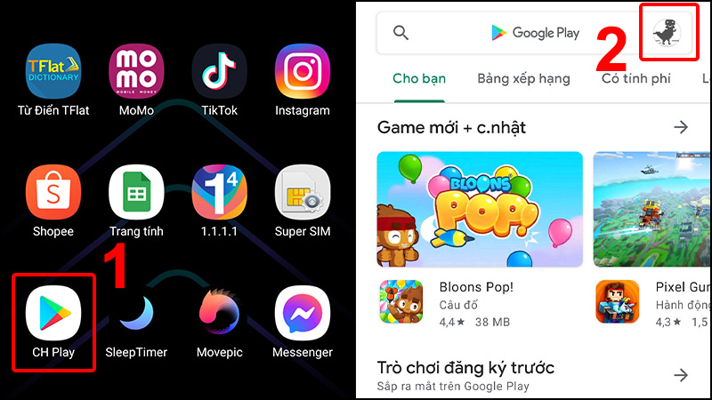 Vào cửa hàng CH Play và chọn tài khoản