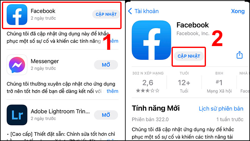 Cuộn xuống tìm ứng dụng Facebook và chọn Cập nhật