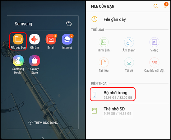 Chọn Bộ nhớ trong ở File của bạn