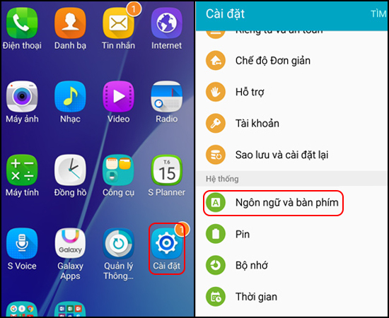 Chọn Cài đặt -> Ngôn ngữ và bàn phím