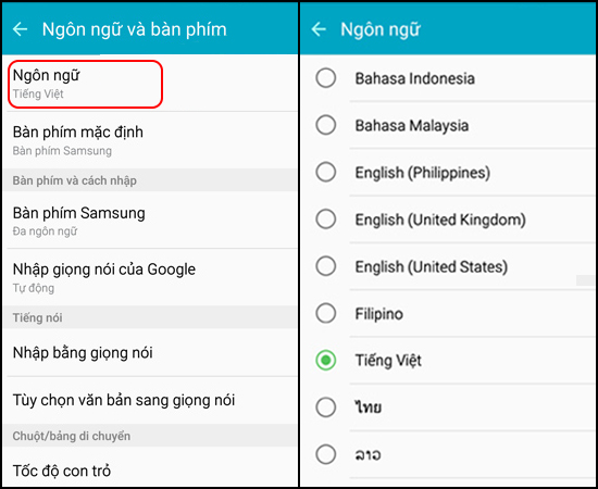 Ngôn ngữ -> Chọn ngôn ngữ phù hợp