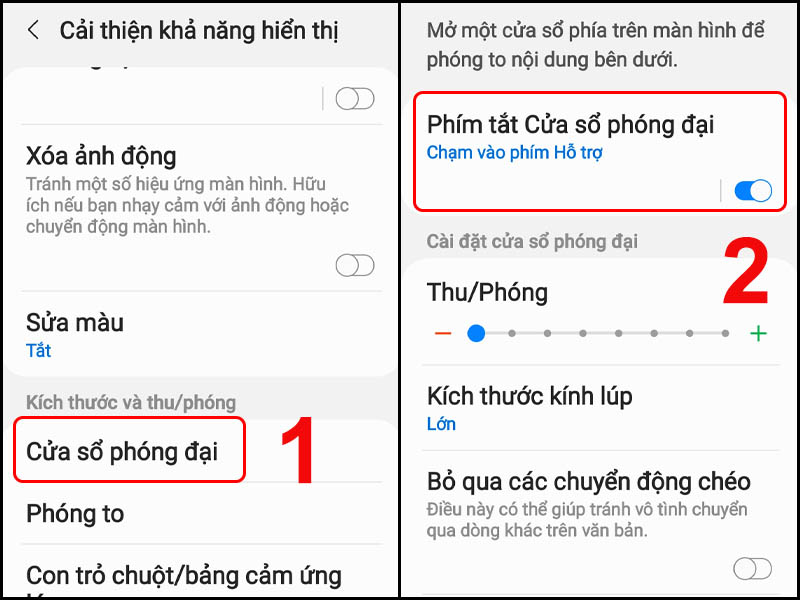 Chạm để bật phím tắt cửa sổ phóng đại