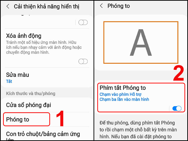 Bật phím tắt Phóng to