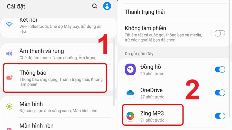 Chọn mục Thông báo và chọn ứng dụng Zing MP3