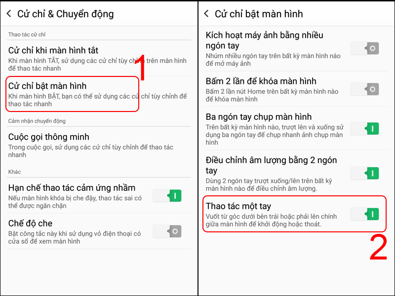 Chọn Cử chỉ bật màn hình và trượt sang phải để bật Thao tác một tay