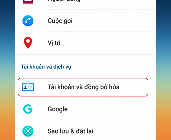 Chọn Tài khoản và đồng bộ hóa