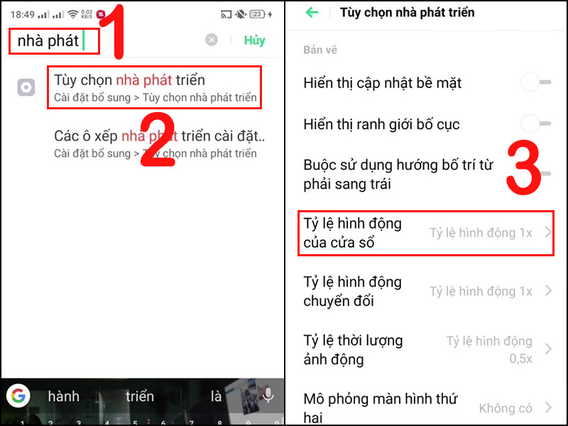 Chọn Tùy chọn nhà phát triển và nhấn Tỷ lệ hình động của cửa sổ