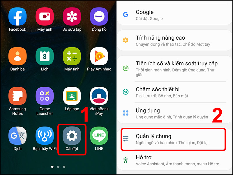 Vào Cài đặt và chọn Quản lý chung