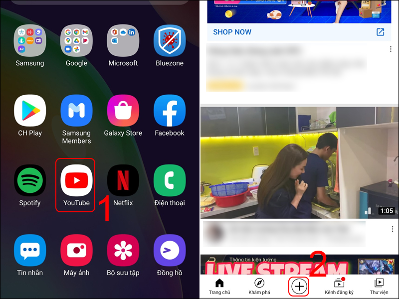 Chọn vào biểu tượng dấu + ở YouTube