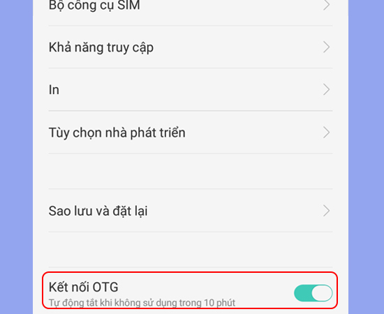 Bước 3: Cuối cùng bạn bật Kết nối OTG