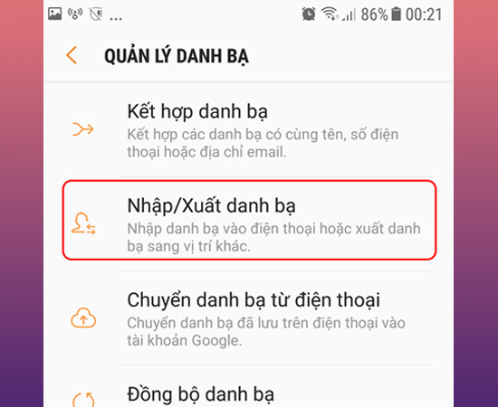 Chọn Nhập/ Xuất danh bạ