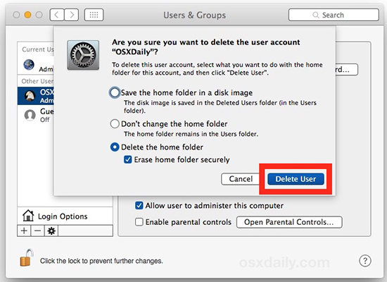 Chọn tùy chọn mà bạn muốn > Delete User để xóa tài khoản.