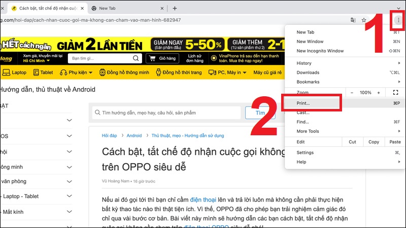 Nhấn vào biểu tượng 3 dấu chấm và chọn Print để mở hộp thoại in