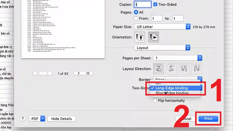 Chọn Long-Edge Binding trong mục Two-Sided bên dưới rồi nhấn Print để in