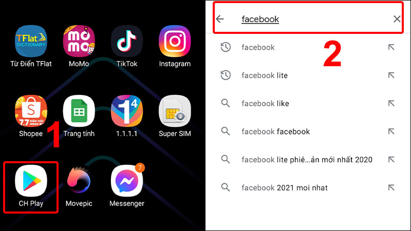  Vào CH Play và tìm kiếm ứng dụng Facebook