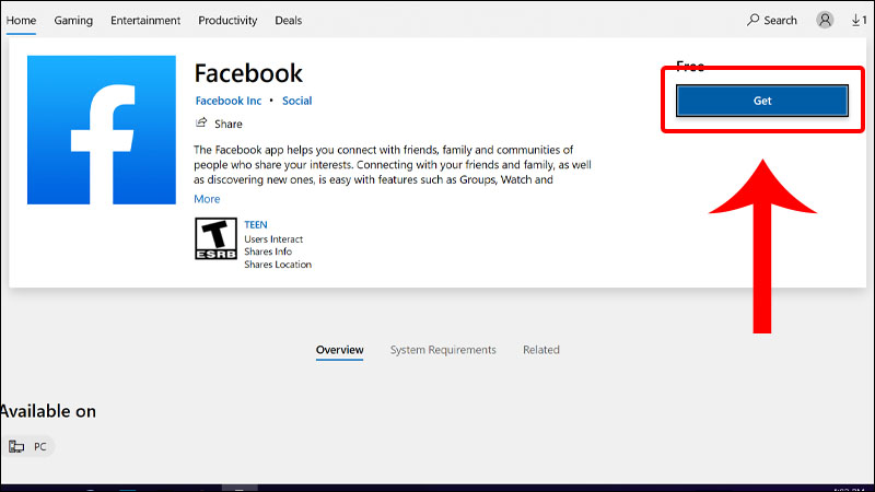 Nhấn Get để tải Facebook về máy tính