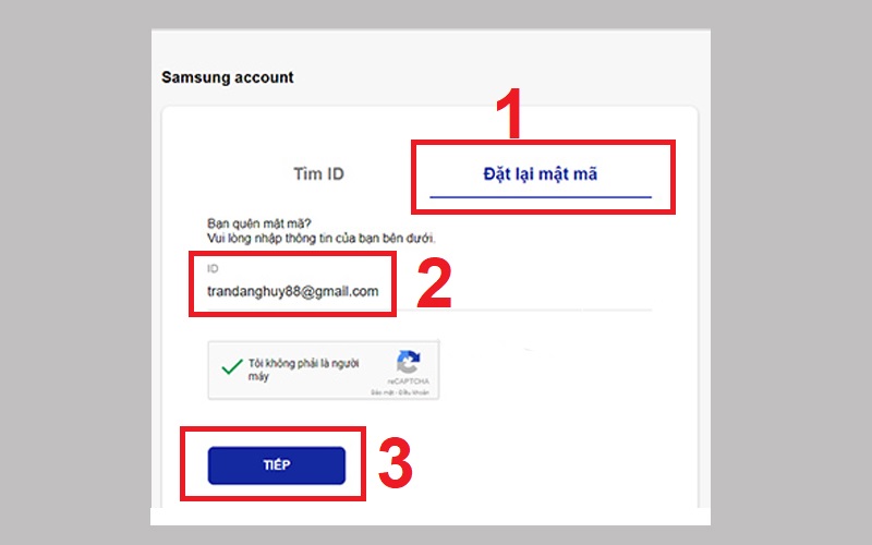 Nhấn Đặt lại mật mã > Nhập ID (email) và chọn Tiếp.