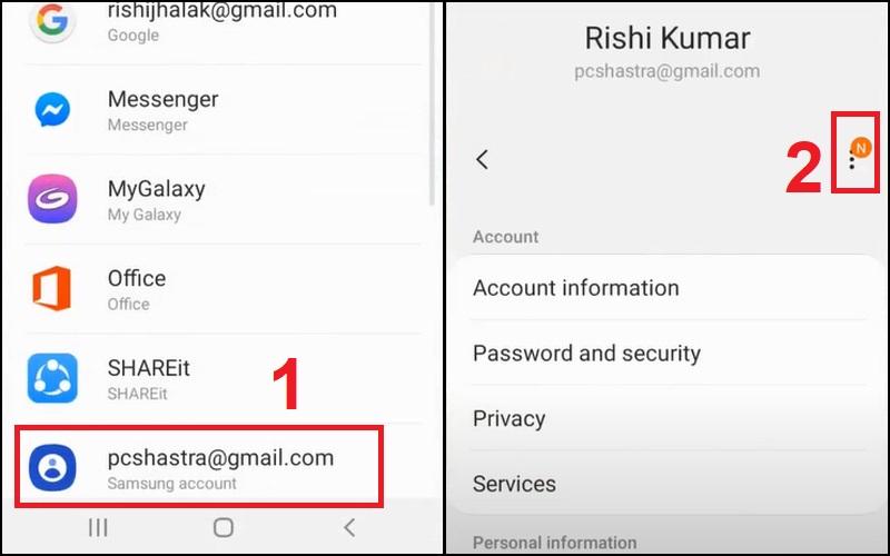 Tìm chọn Samsung Account và nhấn biểu tượng dấu ba chấm
