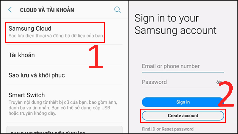 Chọn Samsung Cloud > Chọn tiếp vào Create Account (Tạo tài khoản)