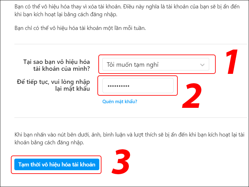 Hướng dẫn vô hiệu hoá tài khoản tạm thời