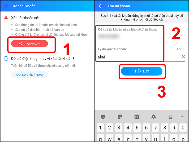 Nhập Số điện thoại và Lý do xóa tài khoản