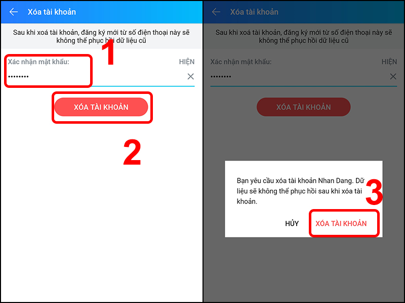 Nhập Mật khẩu và xác nhận xóa tài khoản