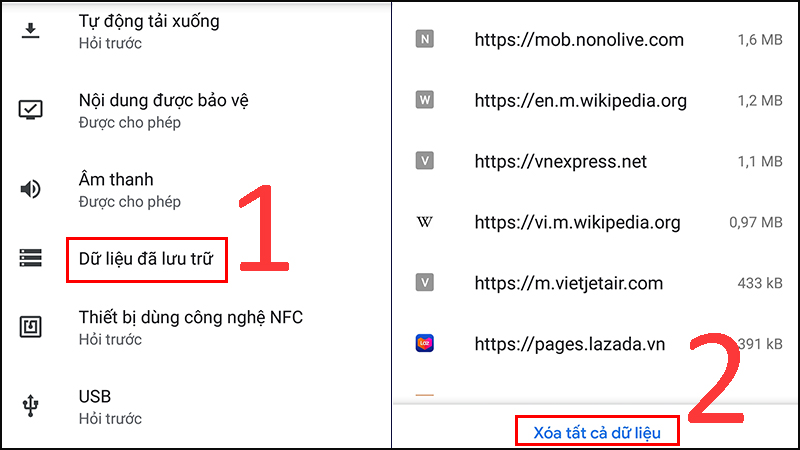 Vào Dữ liệu đã lưu trữ > Chọn Xóa dữ liệu duyệt web