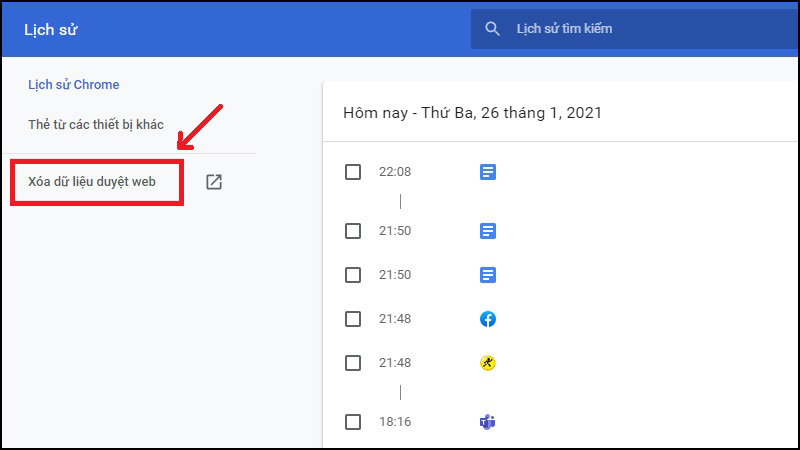 Trong mục Lịch sử > Xóa dữ liệu web