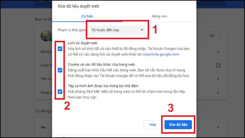 Chọn Phạm vi thời gian > Chọn các loại mục muốn xóa > Xóa dữ liệu