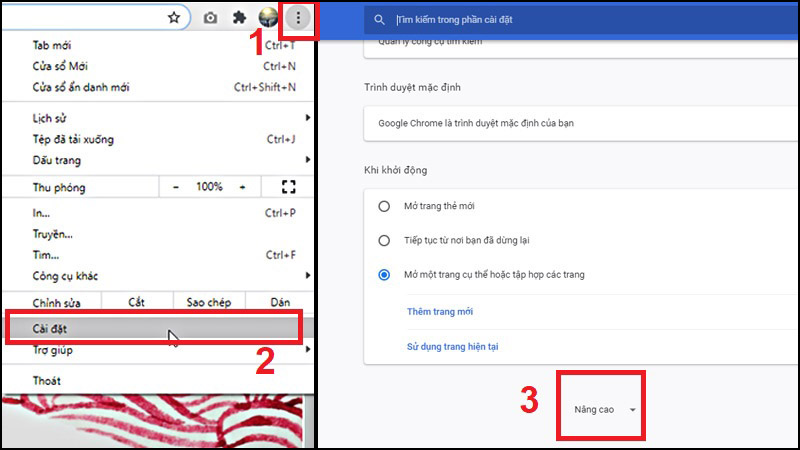 Mở trình duyệt Chrome > 3 chấm dọc đứng ở góc trên cùng bên phải > Cài đặt (Setting) > Cuộn xuống dưới click chọn Nâng cao