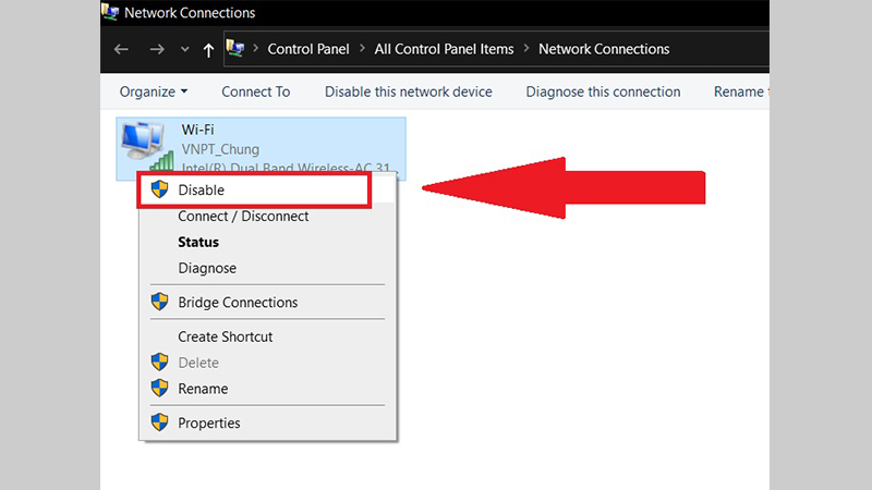 Phải chuột vào icon mạng WiFi và chọn Disable