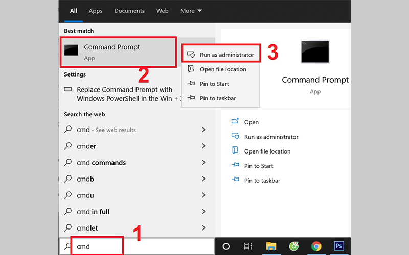 Mở Command Prompt dưới quyền admin