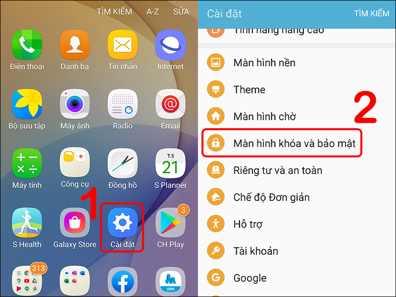Truy cập Màn hình khóa và bảo mật tại Cài đặt