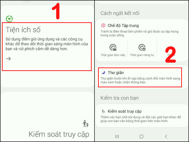 Nhấn Tiện ích số và chọn Thư giãn