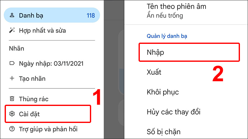 Chọn Cài đặt và chọn Nhập