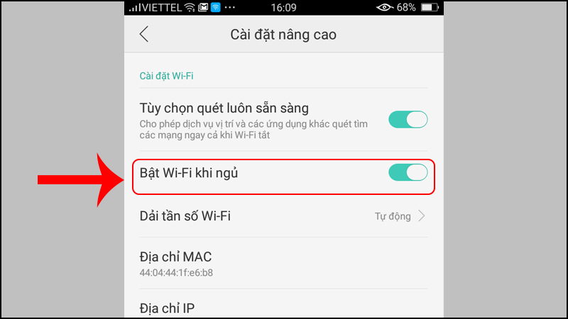 Chọn Bật Wi-Fi khi ngủ sang màu xanh