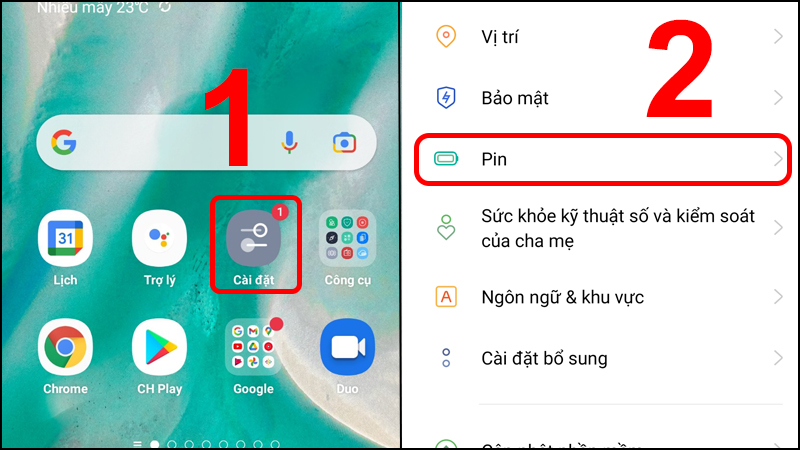 Chọn mục Pin trong Cài đặt