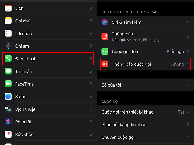 Tuỳ chọn cài đặt Thông báo cuộc gọi