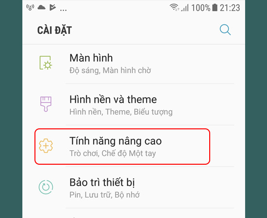 Bước 1:  Đầu tiên vào Cài đặt > Tính năng nâng cao.