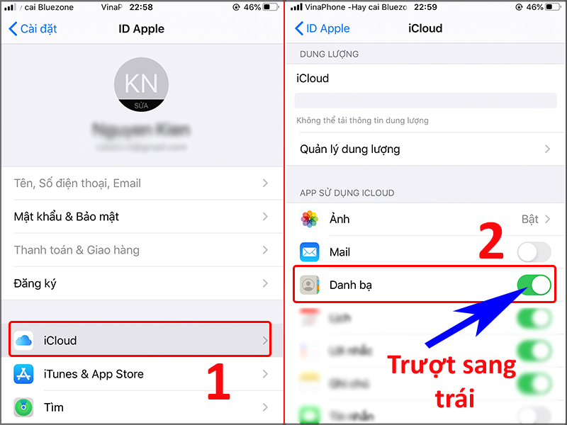 Tắt iCloud ở phần Danh bạ