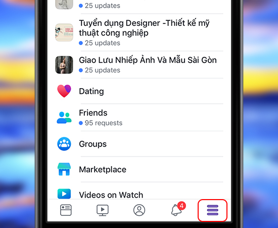 Chọn vào menu cài đặt của facebook