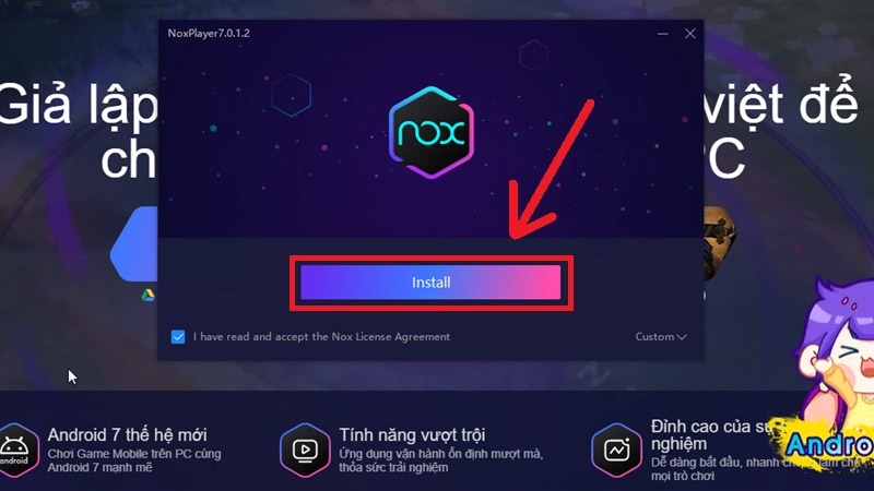 Bấm Install để cài đặt file NoxPlayer đã tải