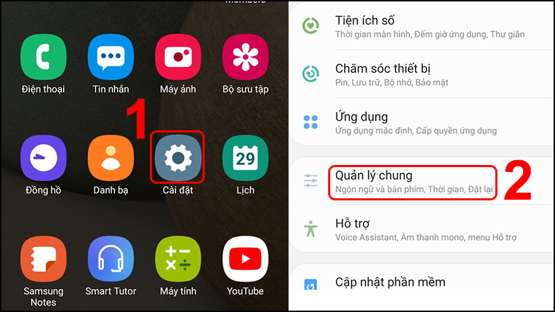 Nhấn vào Quản lý chung và Thời gian