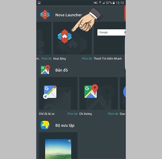 Trượt từ phải qua trái sau đó ấn giữ vào icon Nova Launcher