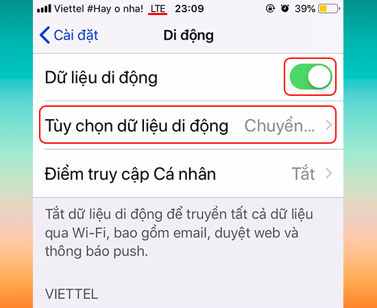 Bật dữ liệu di động -> Tùy chọn dữ liệu di động