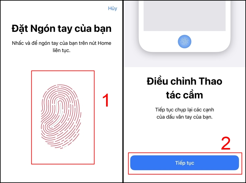 Đặt ngón tay của bạn vào nút Home để thiết lập vân tay. Sau đó, chọn Tiếp tục.