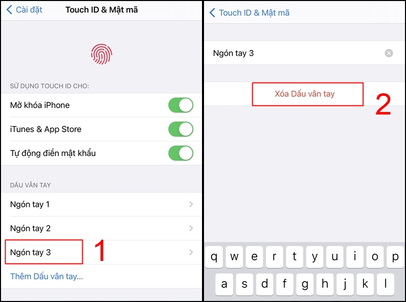 Chọn dấu vân tay cần xóa, sau đó Chọn Xóa Dấu vân tay